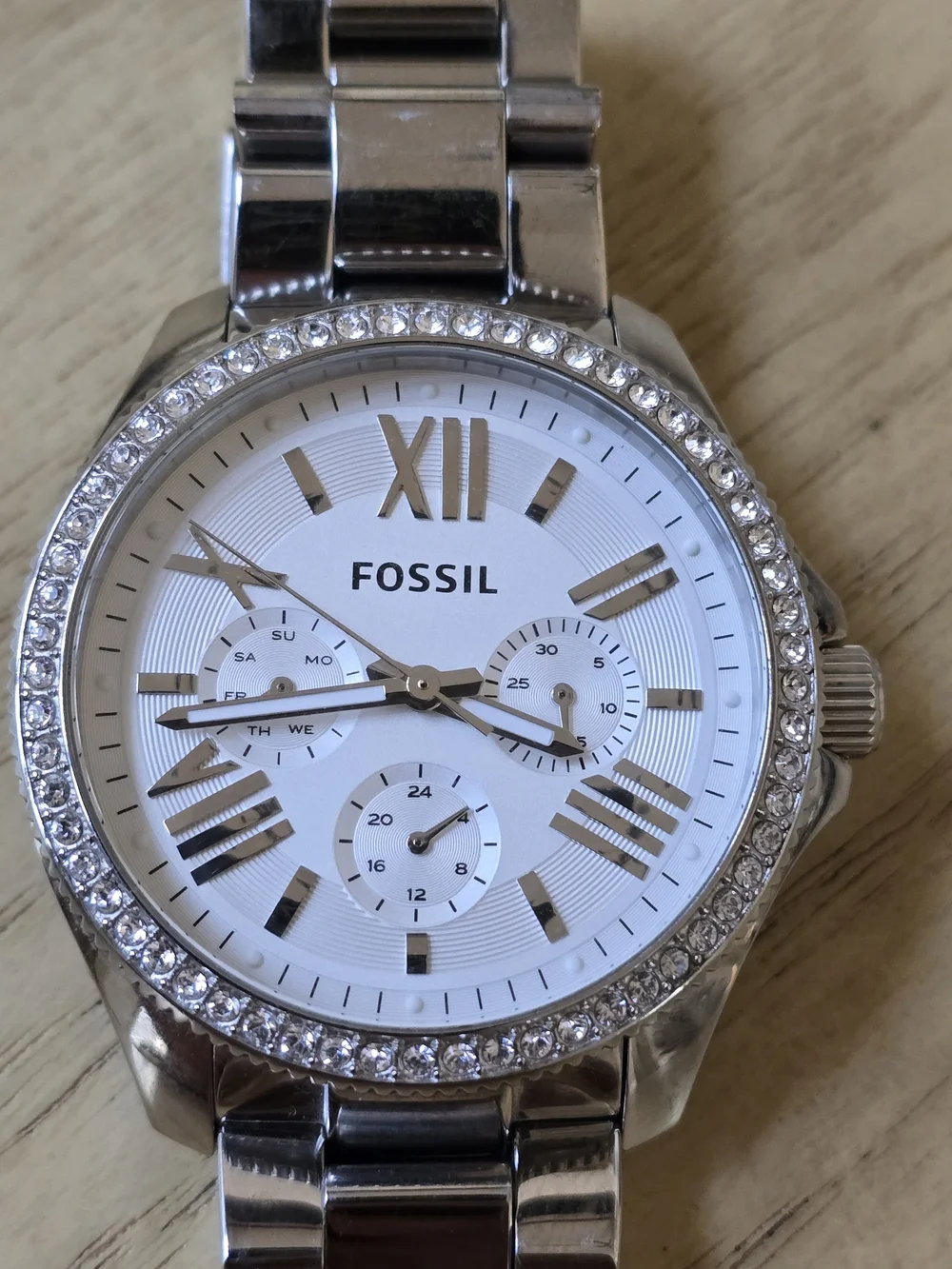 Fossil Silver and White Crystal-Accented Stainless Steel Watch